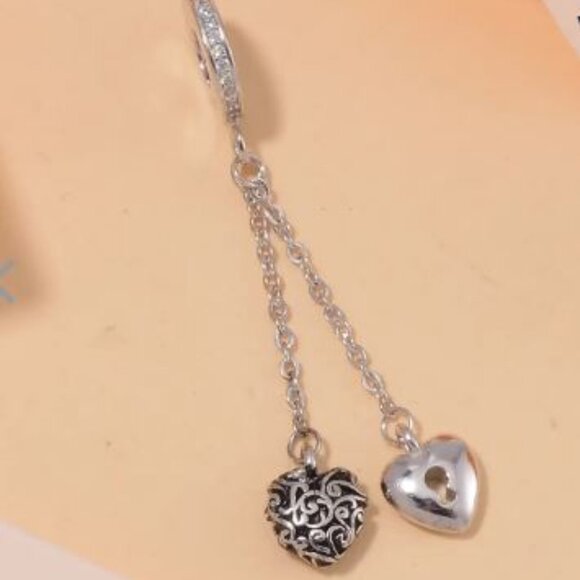 Simulated Diamond Heart to Heart Charm/Pendant in Rhodium Over Sterling Silver - Picture 3 of 5